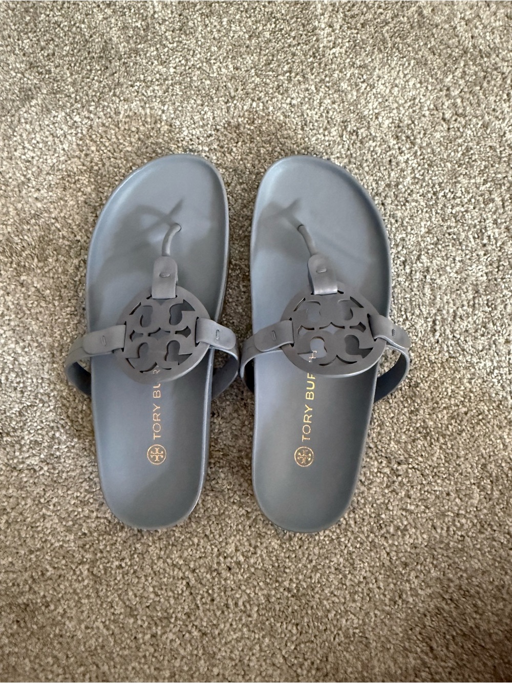 Tory Burch Gray Miller Logo Thong Sandals - blue gray